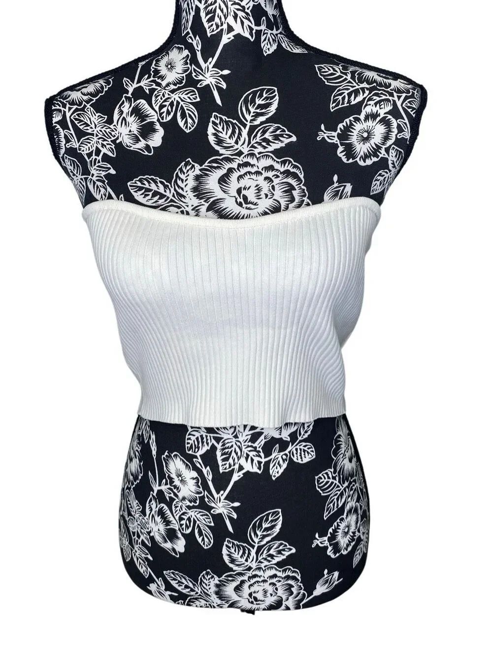 Forever 21 Ribbed Strapless Tube Crop Top White Y2K Basic Stretch Bandeau Summer